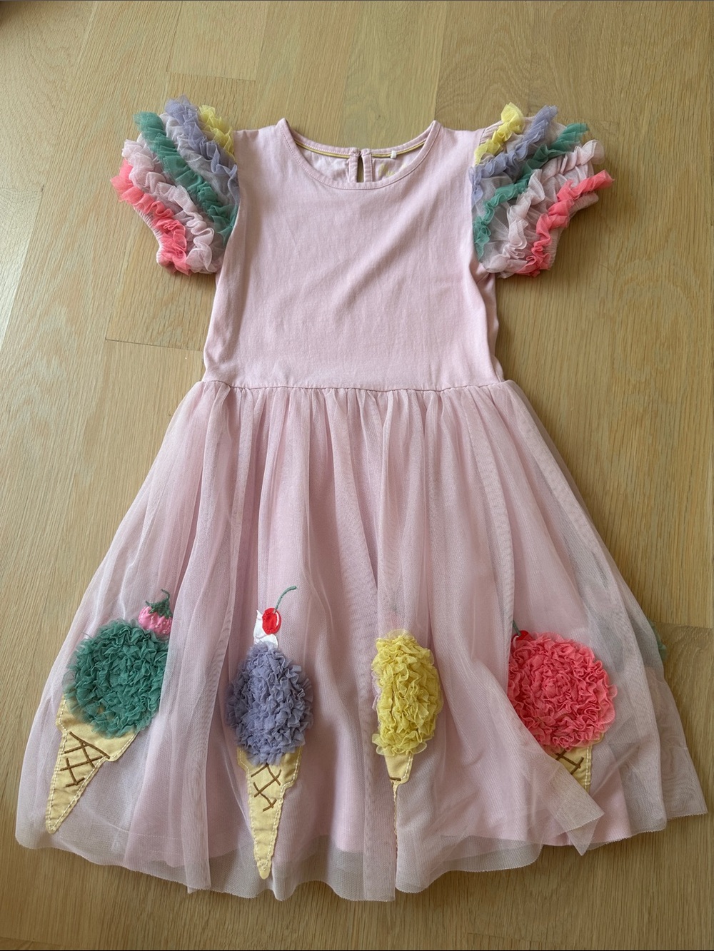 Mini Boden Pink Ice Cream Tulle Dress with Rainbow Ruffle Sleeves